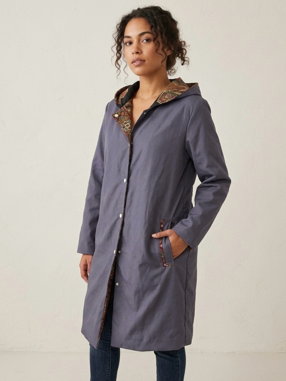 Vintage Bohemian Hooded Duster Coat Batik Paisley Lined Slate Grey